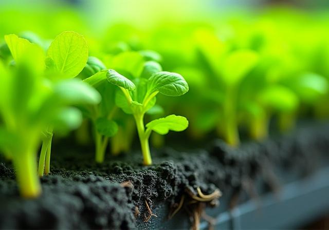 火山岩骨材を使用した水耕栽培システムのクローズアップ